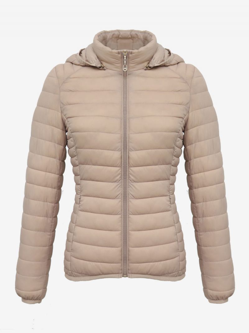 Puffer Coats Vaaleanpunainen Hupullinen Puuvilla Talvi Lämmin Päällysvaatteet Naisille - Beige