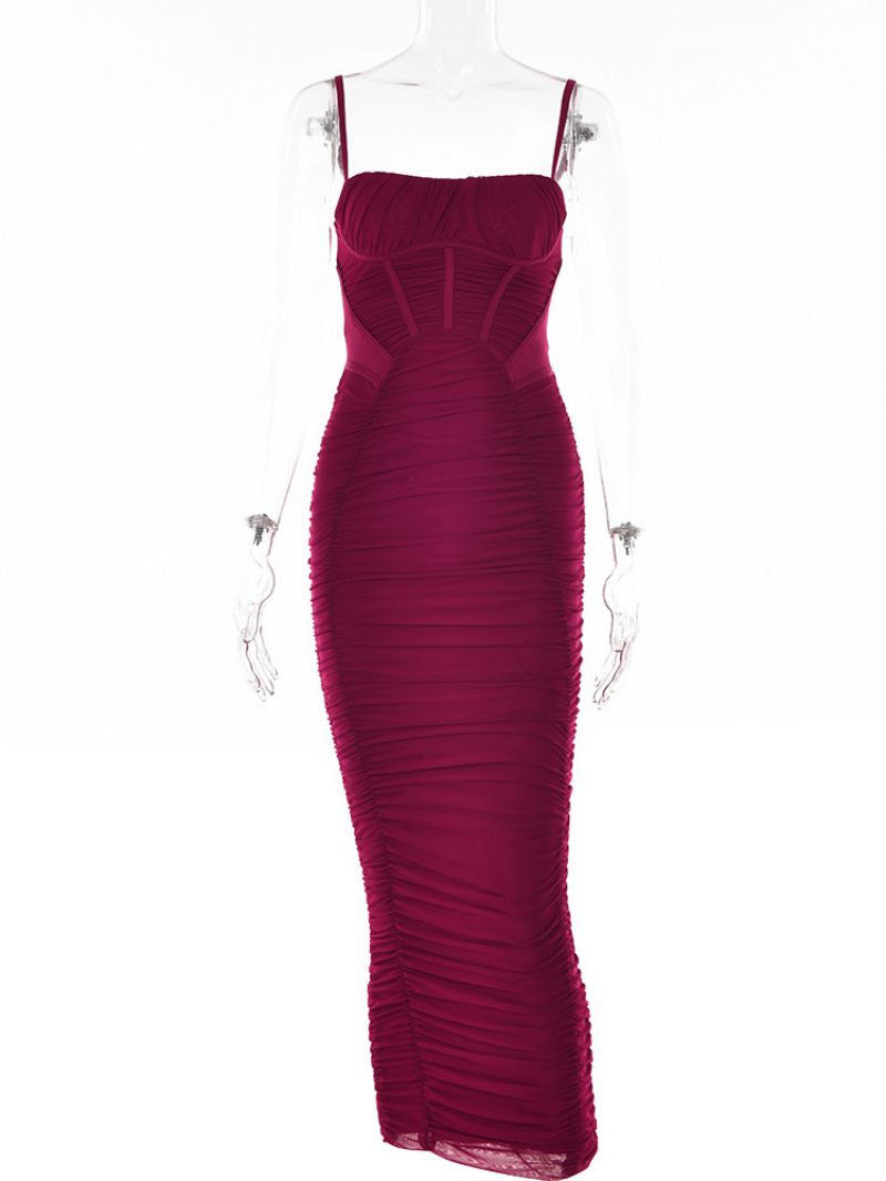 Naisten Bodycon Mekot Olkaimet Pääntie Solmittu Stretch Rento Hihaton Prom Maxi Mekko - Burgundy