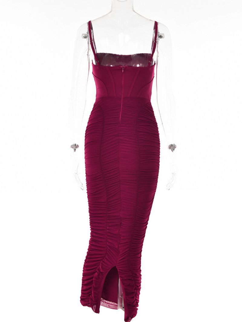 Naisten Bodycon Mekot Olkaimet Pääntie Solmittu Stretch Rento Hihaton Prom Maxi Mekko - Burgundy