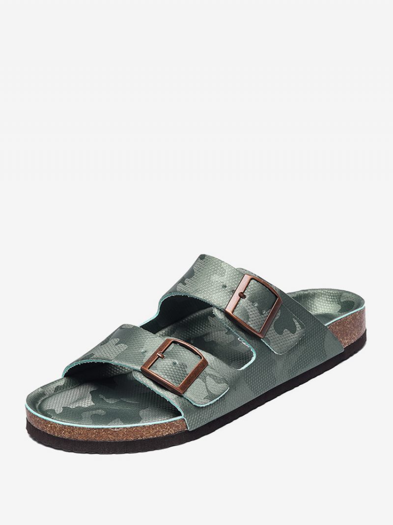 Sandaalit Miehille Slip-on Color Block Pu-nahkainen Halkiopohja - Tummanvihreä