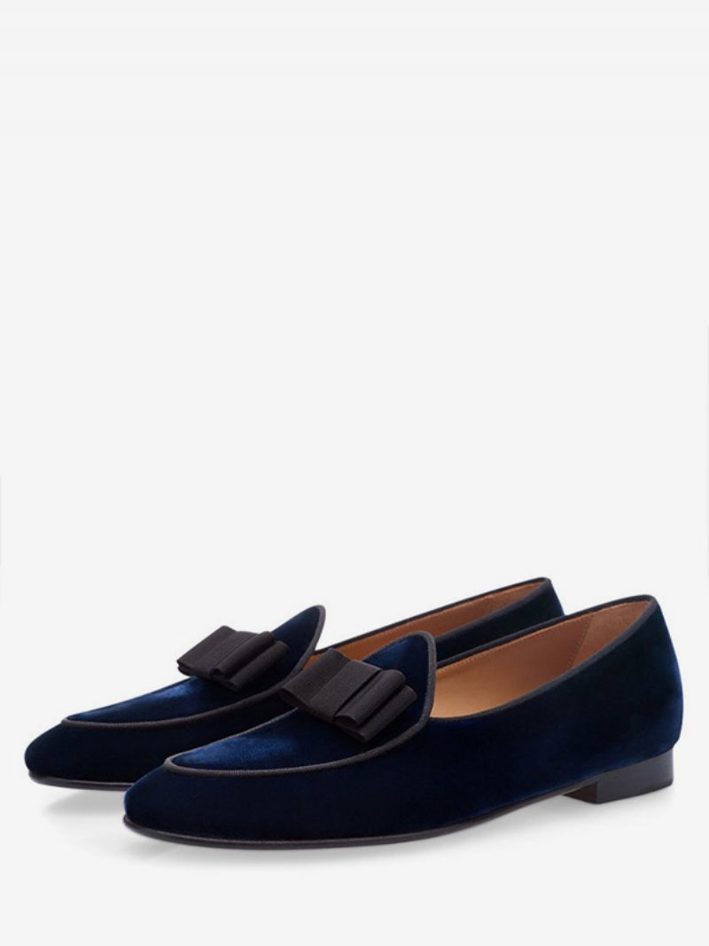 Miesten Juhlakengät Velvet Round Toe Bow Slip On Loafers Deep Blue Prom Kengät