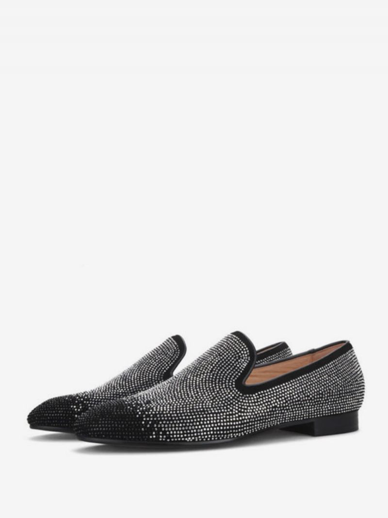 Miesten Loafer Musta Ja Hopea Kristalli Tekojalokiviä Tossut Slip-on Pyöreä Toe Mokkanahka Ylempi Prom Party Hääkengät