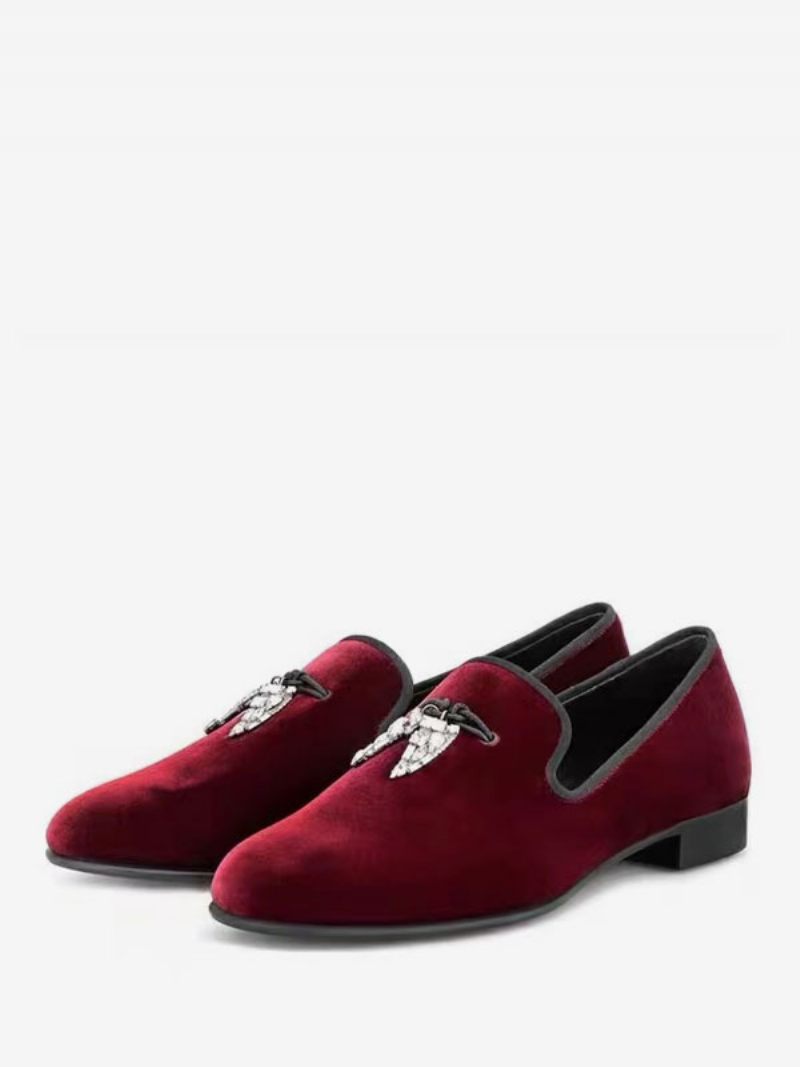 Miesten Loafers Musta Mokkanahka Päällinen Metalli Hainhammas Pyöreä Toe Slip On Prom Party Hääkengät - Tummanpunainen