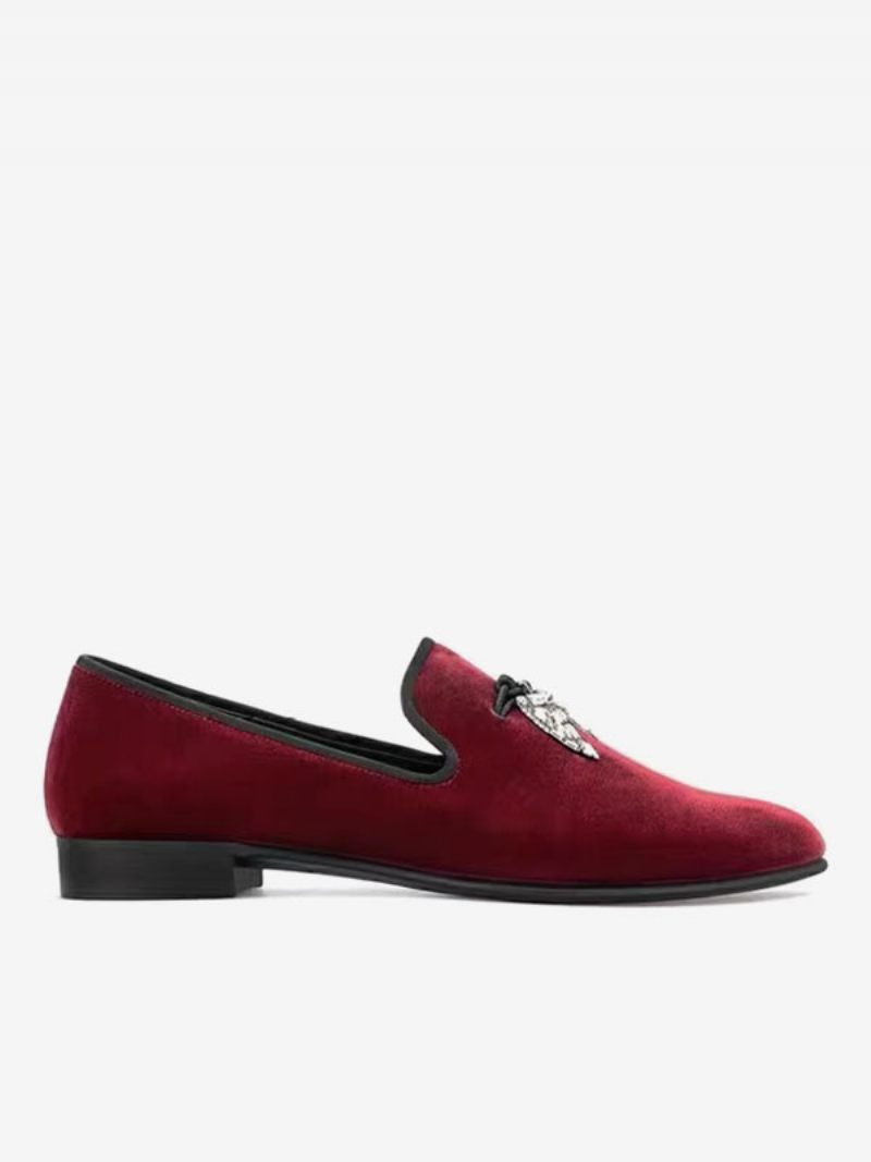 Miesten Loafers Musta Mokkanahka Päällinen Metalli Hainhammas Pyöreä Toe Slip On Prom Party Hääkengät - Tummanpunainen