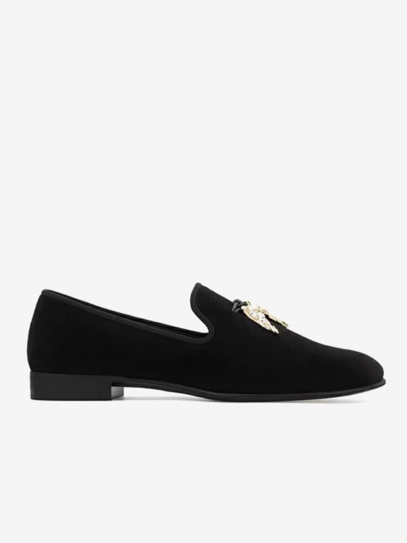 Miesten Loafers Musta Mokkanahka Päällinen Metalli Hainhammas Pyöreä Toe Slip On Prom Party Hääkengät - Musta