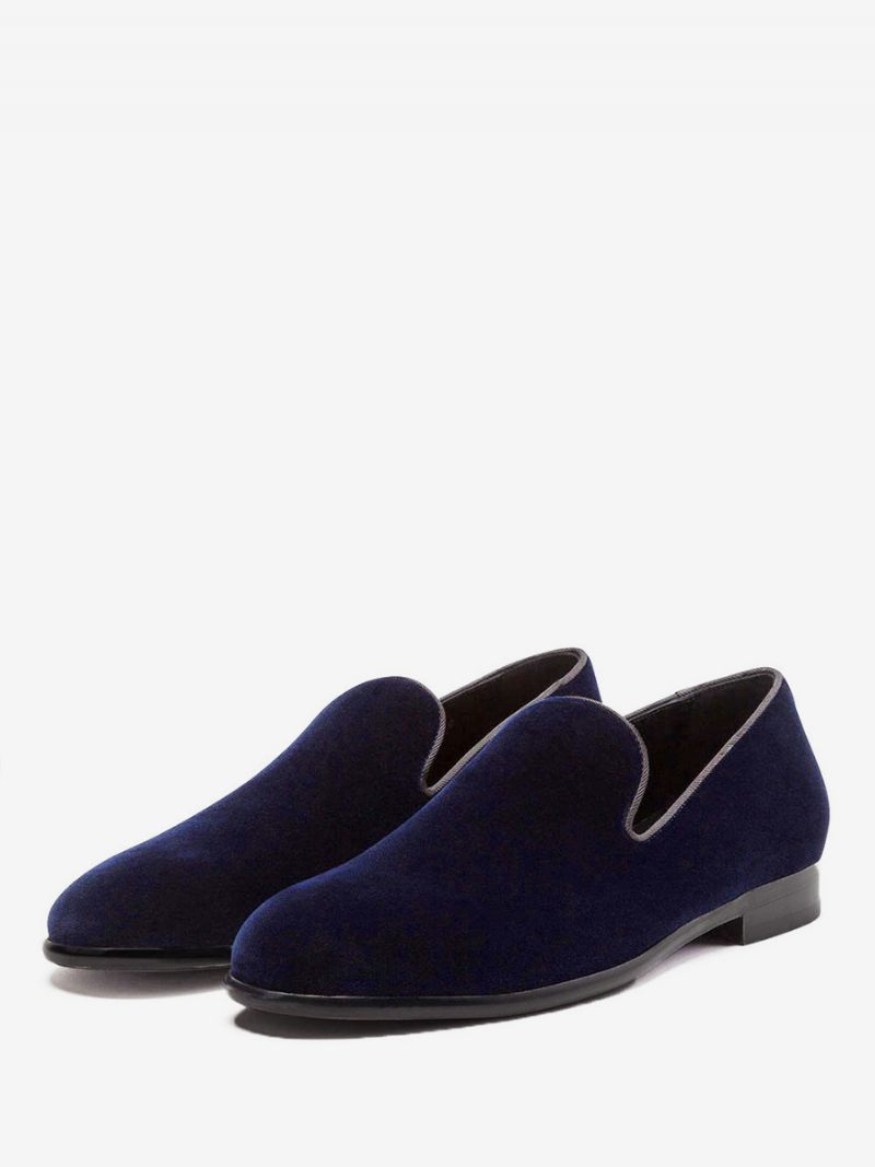 Miesten Punaiset Samettitossut Loaferit Prom Hääkengät Pyöreä Toe Slip On Kengät - Deep Blue