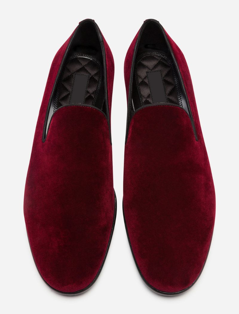 Miesten Punaiset Samettitossut Loaferit Prom Hääkengät Pyöreä Toe Slip On Kengät - Burgundy