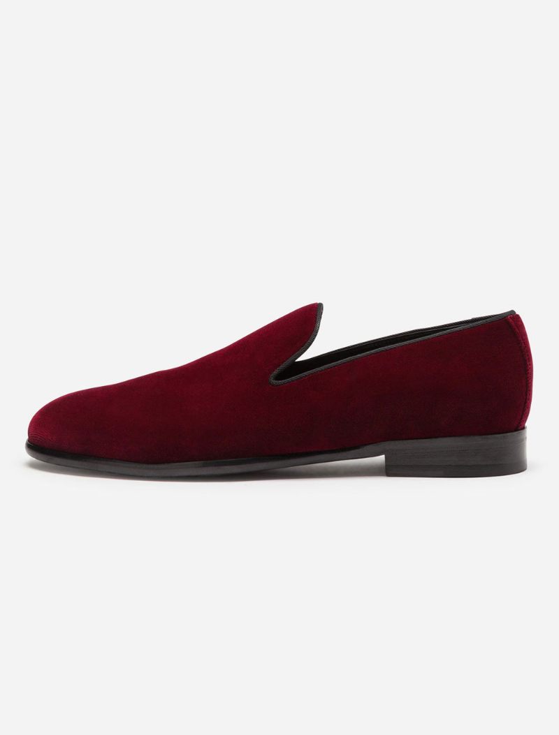 Miesten Punaiset Samettitossut Loaferit Prom Hääkengät Pyöreä Toe Slip On Kengät - Burgundy