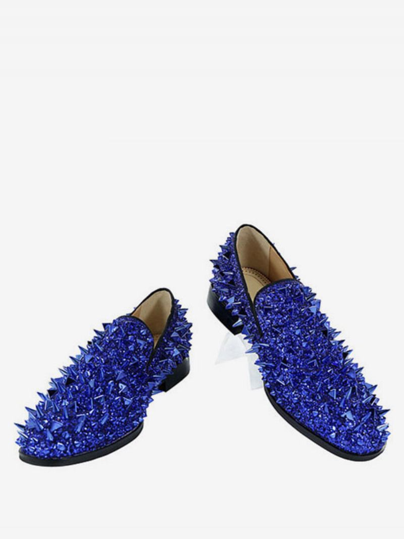 Miesten Spike Loafers Kengät Glitter Blue Pyöreä Toe Prom Party Hääkengät