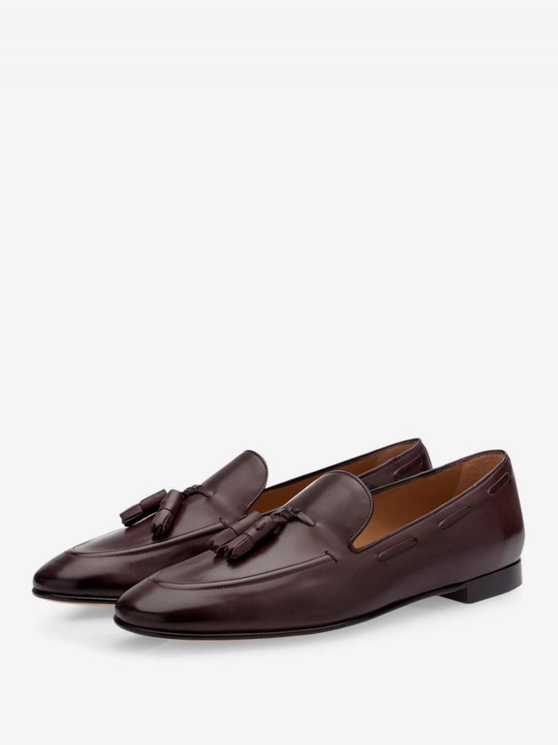 Ruskeat Miesten Loafers Pyöreä Toe Tassles Slip On Dress Tupsu Groom Kengät