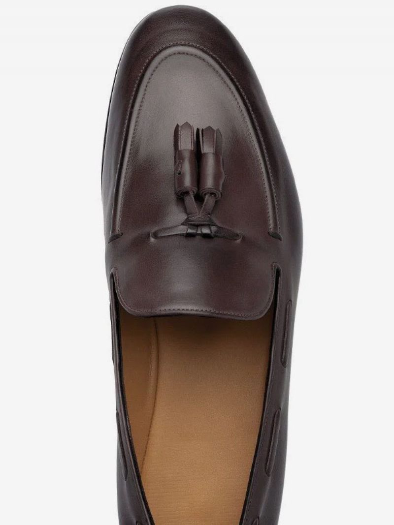 Ruskeat Miesten Loafers Pyöreä Toe Tassles Slip On Dress Tupsu Groom Kengät - Tumman Ruskea