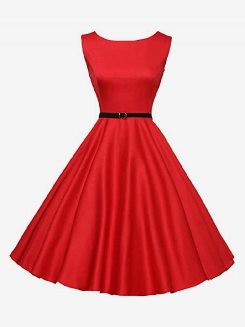 Musta Vintage-mekko 1950-luvun Naisten Hihaton Jalokivikaula-aukkoinen Rockabilly-mekko - Ture Red