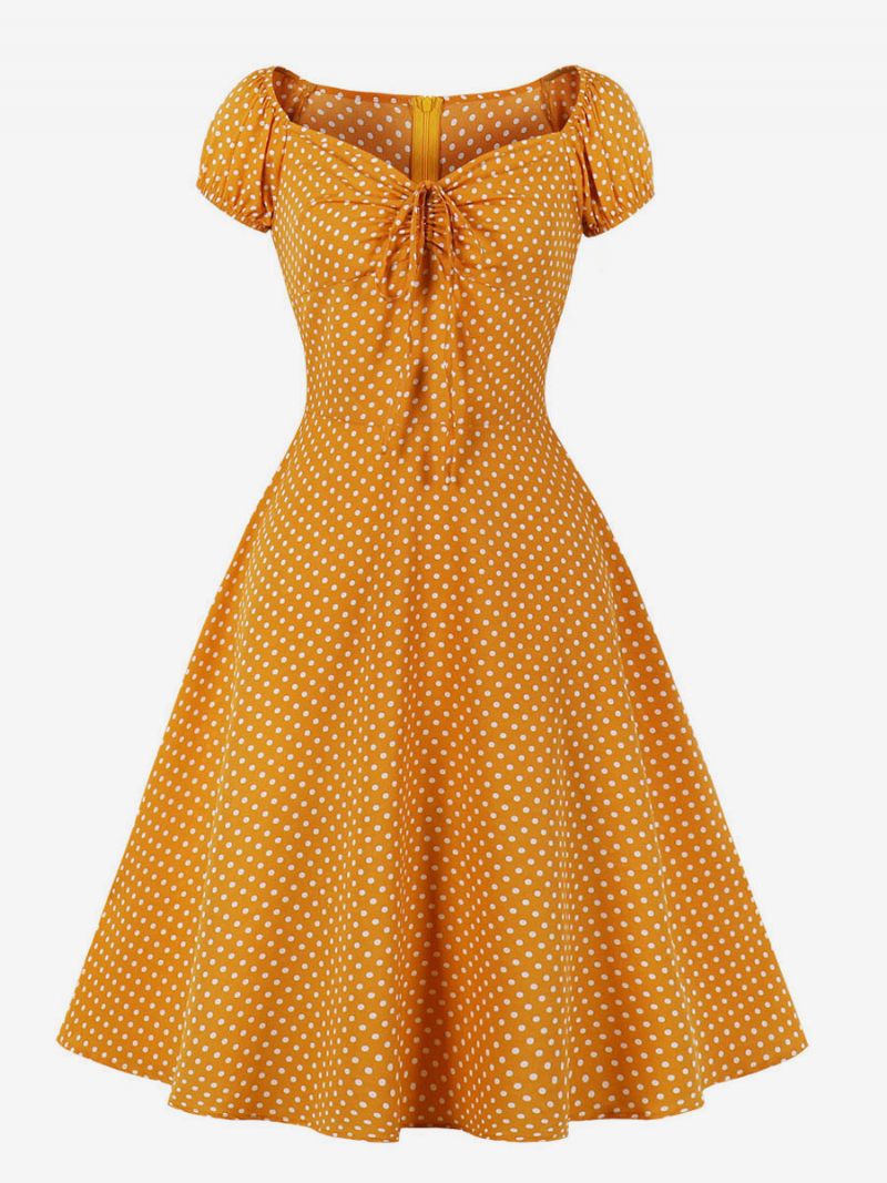 Naisten 1950-luvun Audrey Hepburn -tyylinen Retromekko V-kaula-aukolla Solmittu Lyhythihainen Pilkkullinen Midi-swing-mekko