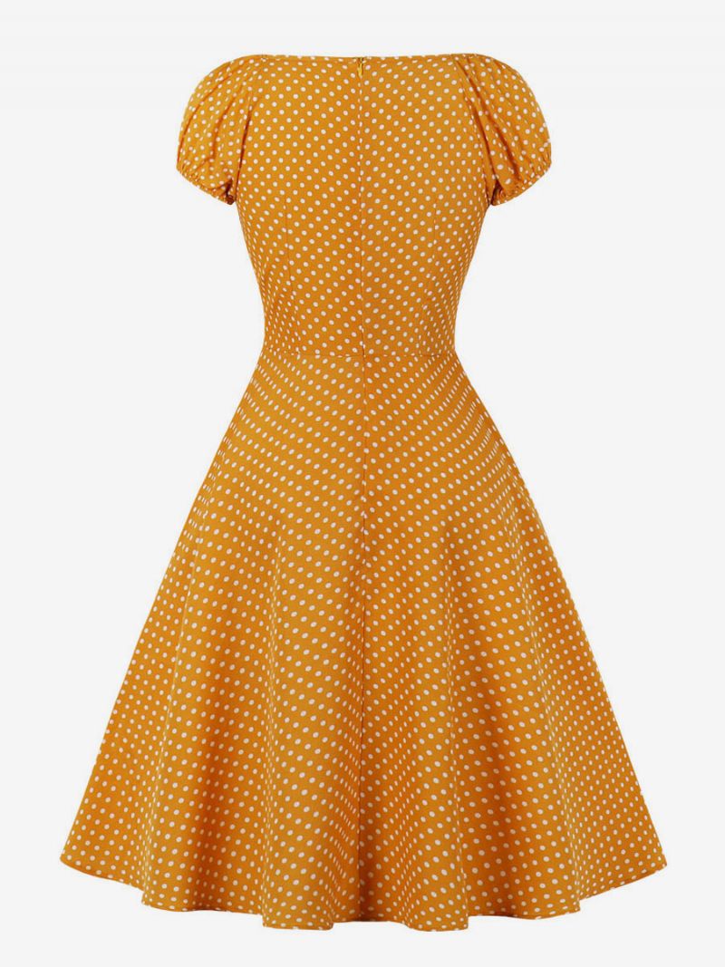 Naisten 1950-luvun Audrey Hepburn -tyylinen Retromekko V-kaula-aukolla Solmittu Lyhythihainen Pilkkullinen Midi-swing-mekko - Oranssi