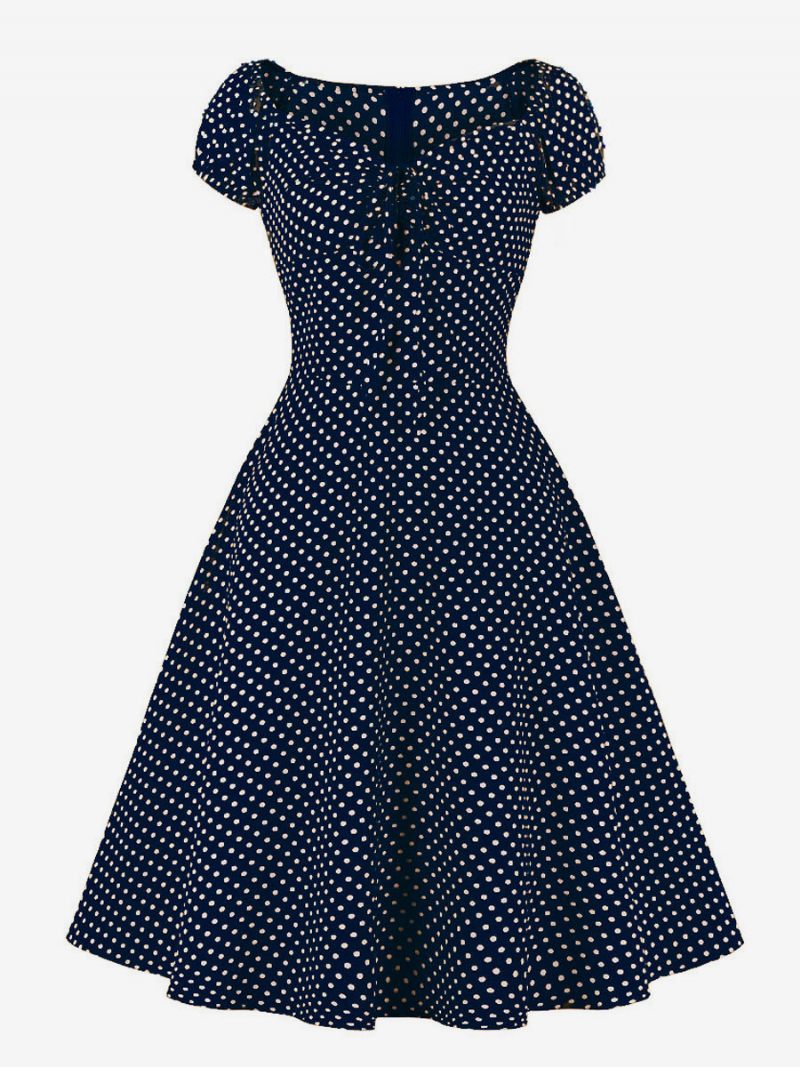 Naisten 1950-luvun Audrey Hepburn -tyylinen Retromekko V-kaula-aukolla Solmittu Lyhythihainen Pilkkullinen Midi-swing-mekko - Syvänsininen