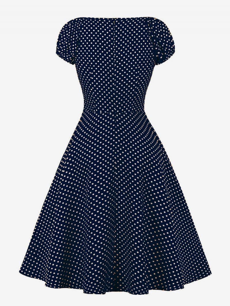 Naisten 1950-luvun Audrey Hepburn -tyylinen Retromekko V-kaula-aukolla Solmittu Lyhythihainen Pilkkullinen Midi-swing-mekko - Syvänsininen