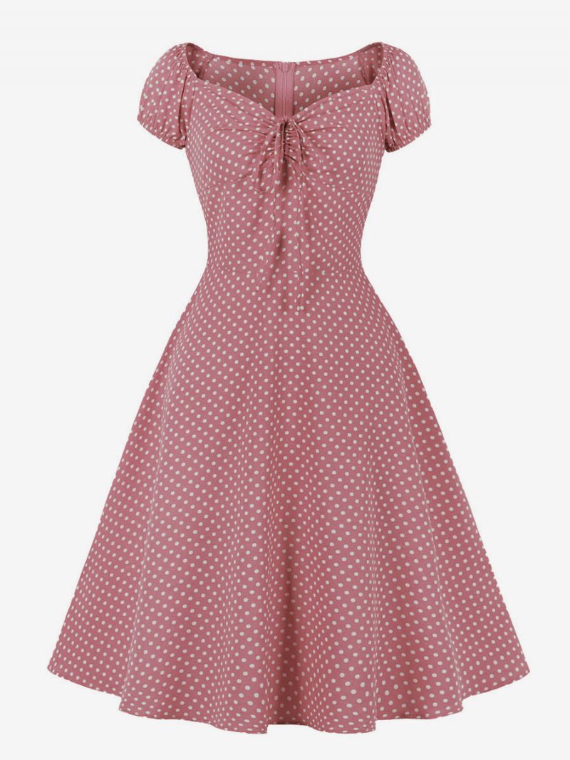 Naisten 1950-luvun Audrey Hepburn -tyylinen Retromekko V-kaula-aukolla Solmittu Lyhythihainen Pilkkullinen Midi-swing-mekko - Pink