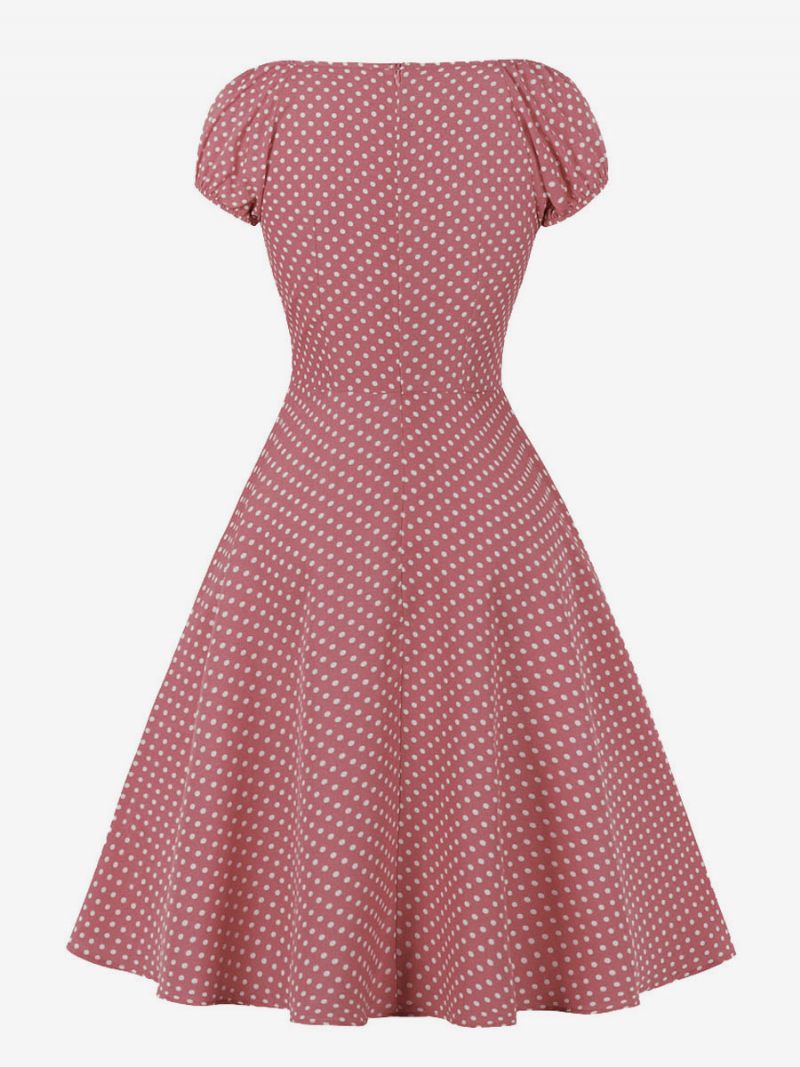 Naisten 1950-luvun Audrey Hepburn -tyylinen Retromekko V-kaula-aukolla Solmittu Lyhythihainen Pilkkullinen Midi-swing-mekko - Pink