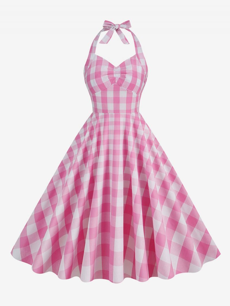 Naisten Barbie Pink Gingham 1950-luvun Ruudullinen Laskostettu Riimu Vintage-mekko