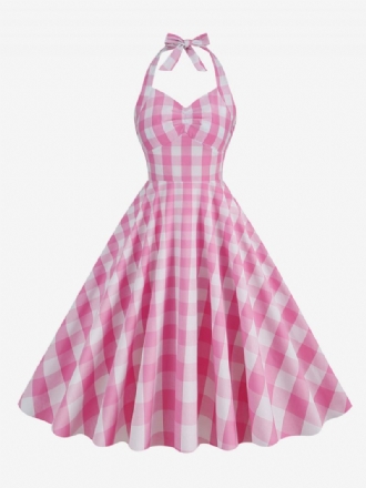 Naisten Barbie Pink Gingham 1950-luvun Ruudullinen Laskostettu Riimu Vintage-mekko