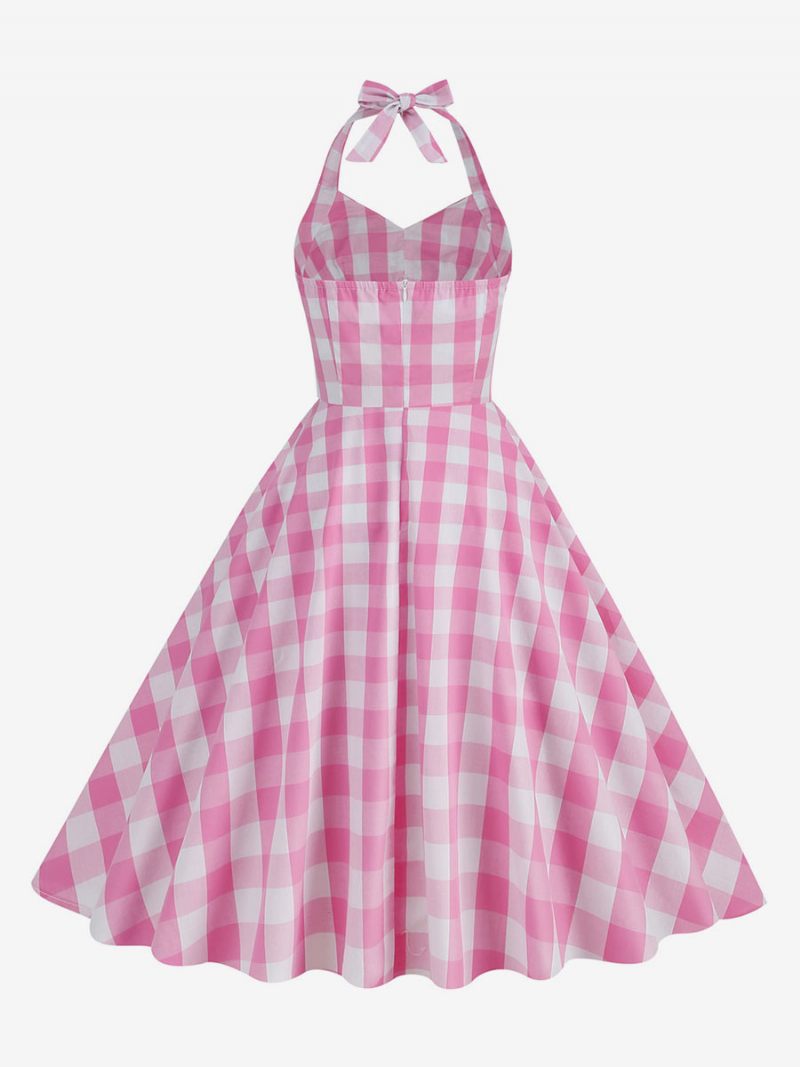 Naisten Barbie Pink Gingham 1950-luvun Ruudullinen Laskostettu Riimu Vintage-mekko - Pink