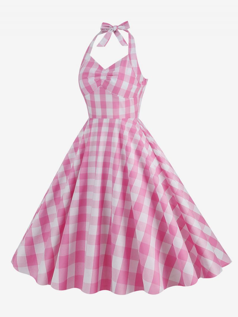 Naisten Barbie Pink Gingham 1950-luvun Ruudullinen Laskostettu Riimu Vintage-mekko - Pink