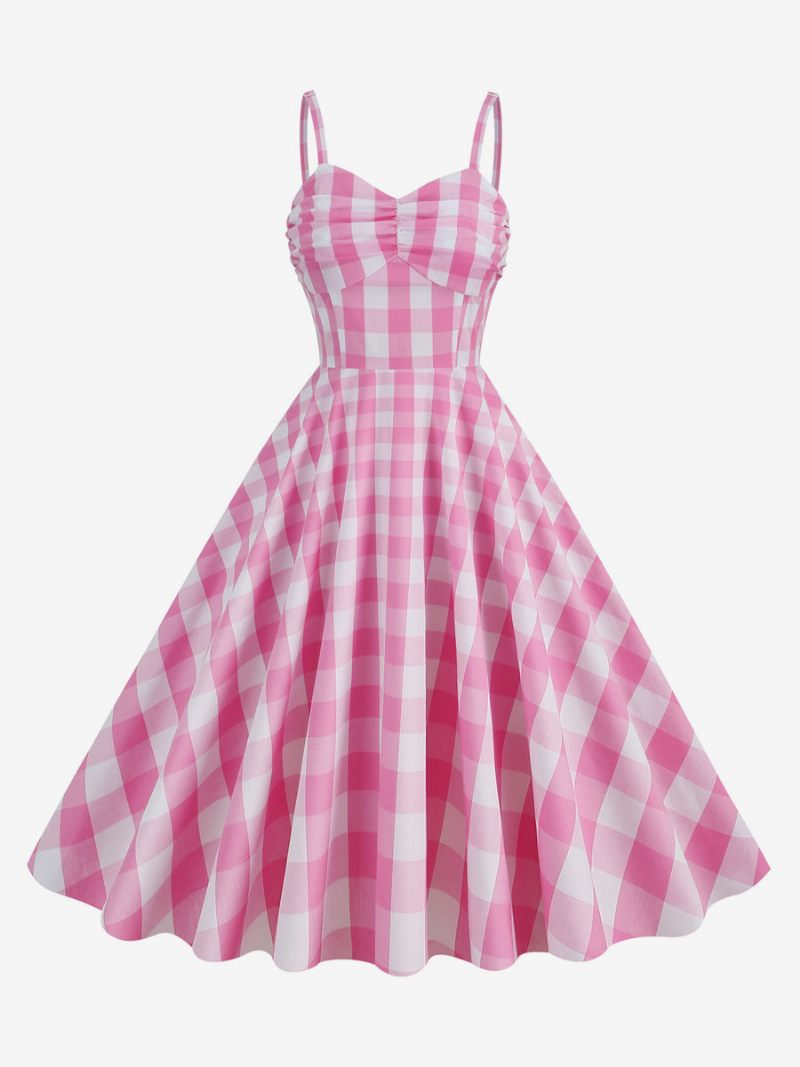 Naisten Barbie Pink Gingham -mekko 1950-luvun Laskostetut Olkaimet Ruudullinen Vintage-mekko