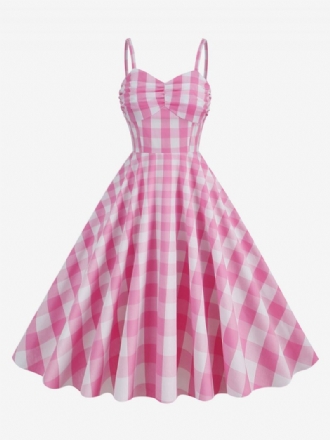 Naisten Barbie Pink Gingham -mekko 1950-luvun Laskostetut Olkaimet Ruudullinen Vintage-mekko