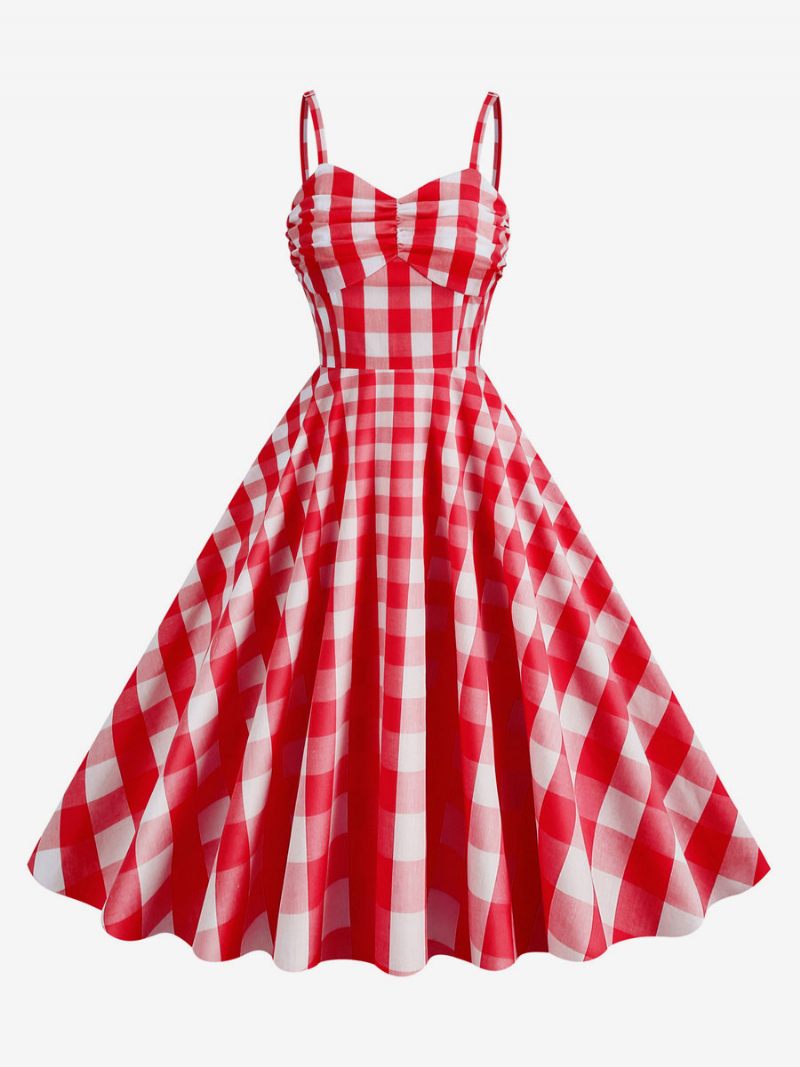 Naisten Barbie Pink Gingham -mekko 1950-luvun Laskostetut Olkaimet Ruudullinen Vintage-mekko - Punainen