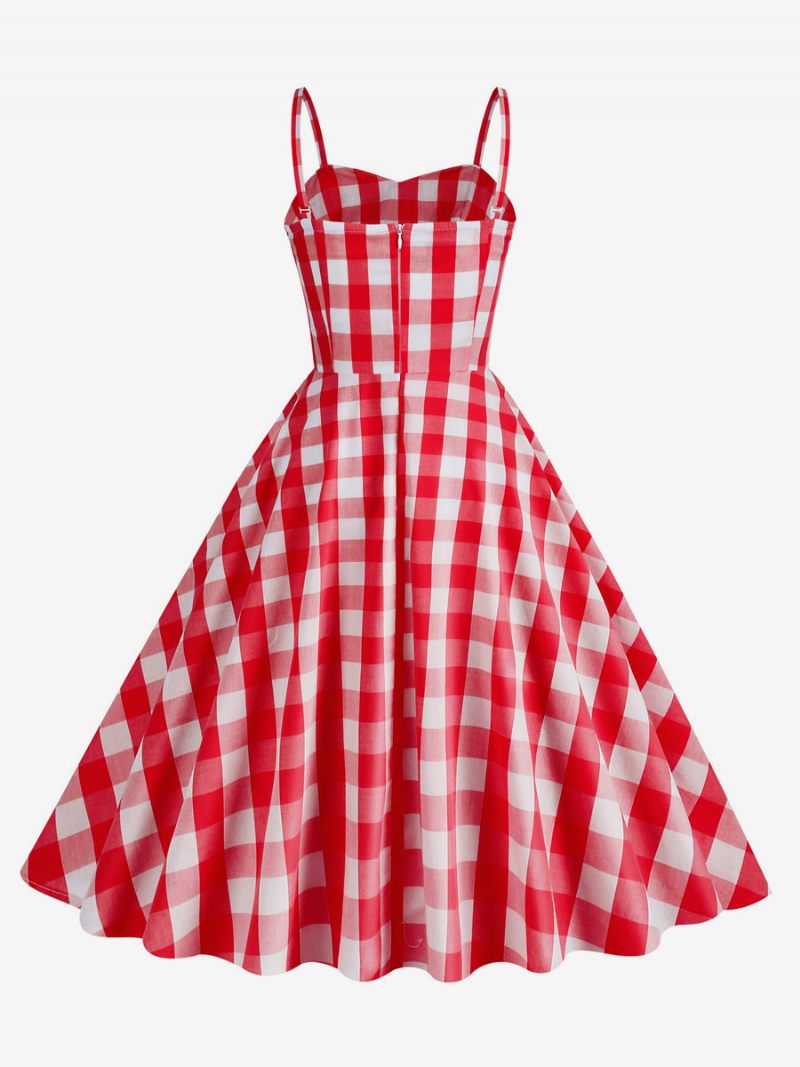 Naisten Barbie Pink Gingham -mekko 1950-luvun Laskostetut Olkaimet Ruudullinen Vintage-mekko - Punainen