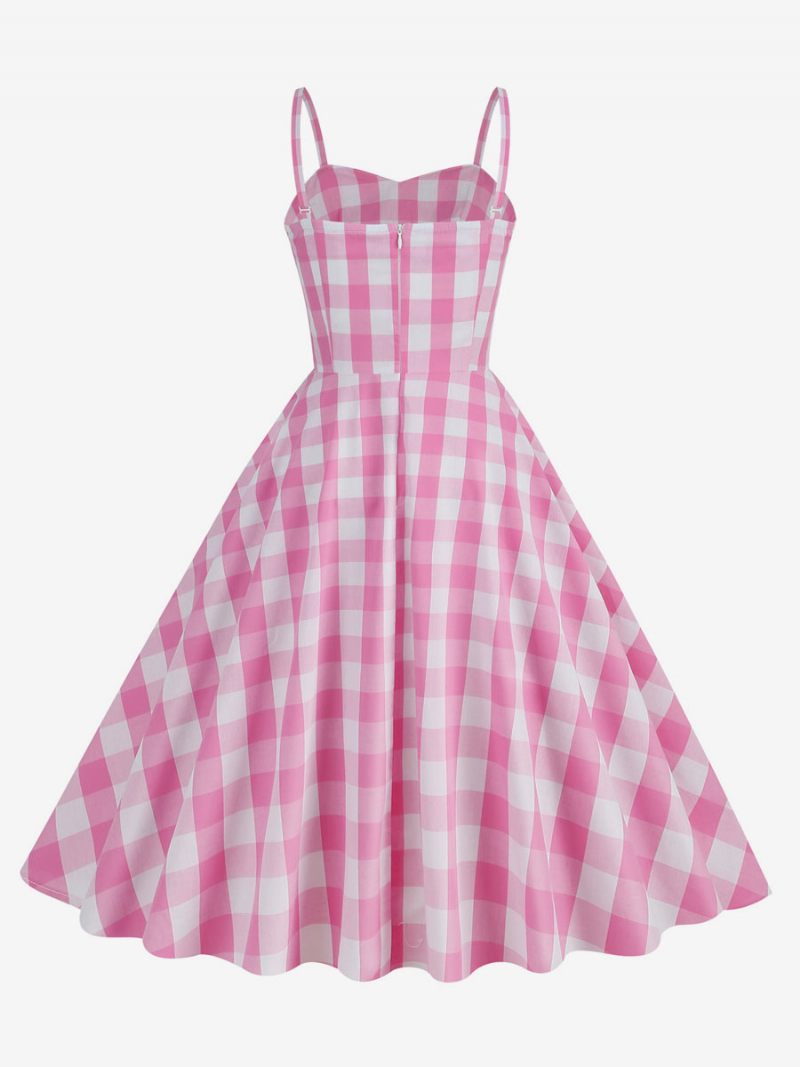 Naisten Barbie Pink Gingham -mekko 1950-luvun Laskostetut Olkaimet Ruudullinen Vintage-mekko - Pink