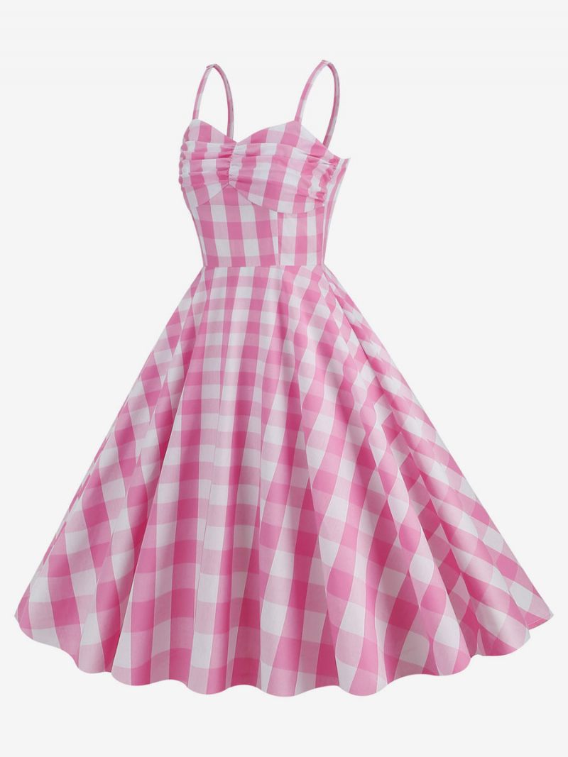 Naisten Barbie Pink Gingham -mekko 1950-luvun Laskostetut Olkaimet Ruudullinen Vintage-mekko - Pink