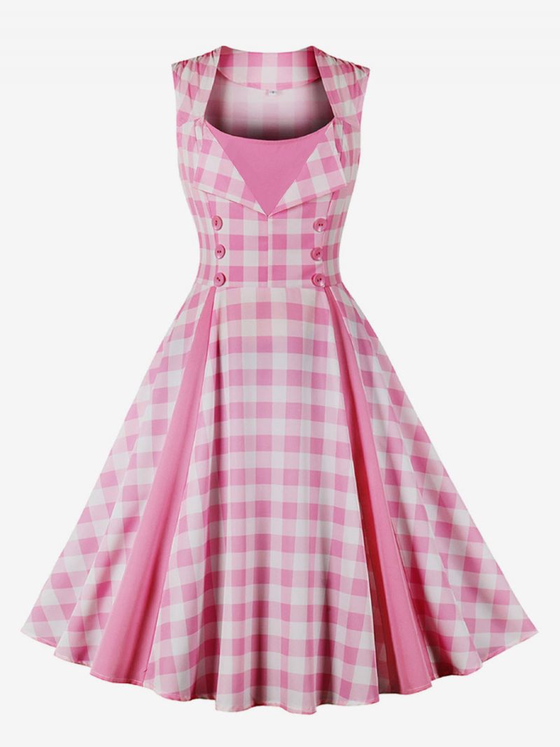 Naisten Barbie Pink Gingham Vintage -mekko 1950-luvun Audrey Hepburn Swing