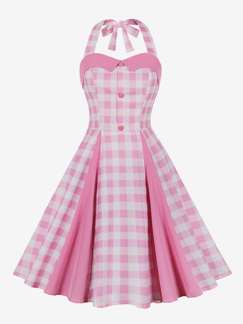 Naisten Barbie Pink Gingham Vintage -mekko 1950-luvun Midi Halter