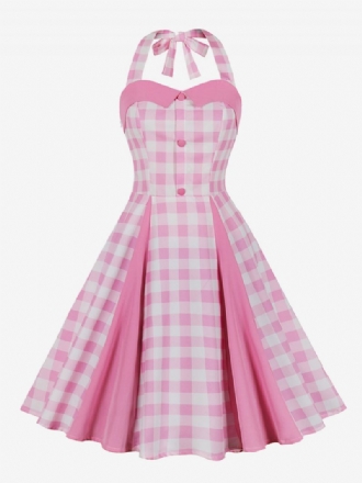 Naisten Barbie Pink Gingham Vintage -mekko 1950-luvun Midi Halter