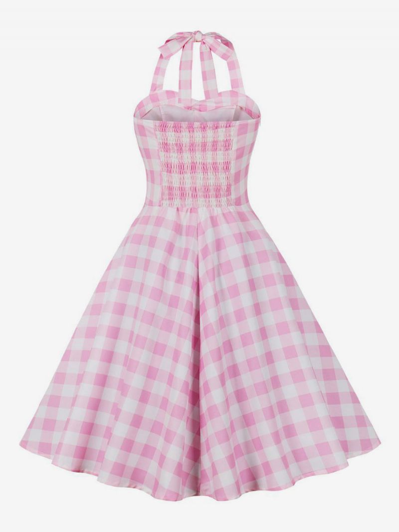 Naisten Barbie Pink Gingham Vintage -mekko 1950-luvun Midi Halter - Vaaleanpunainen