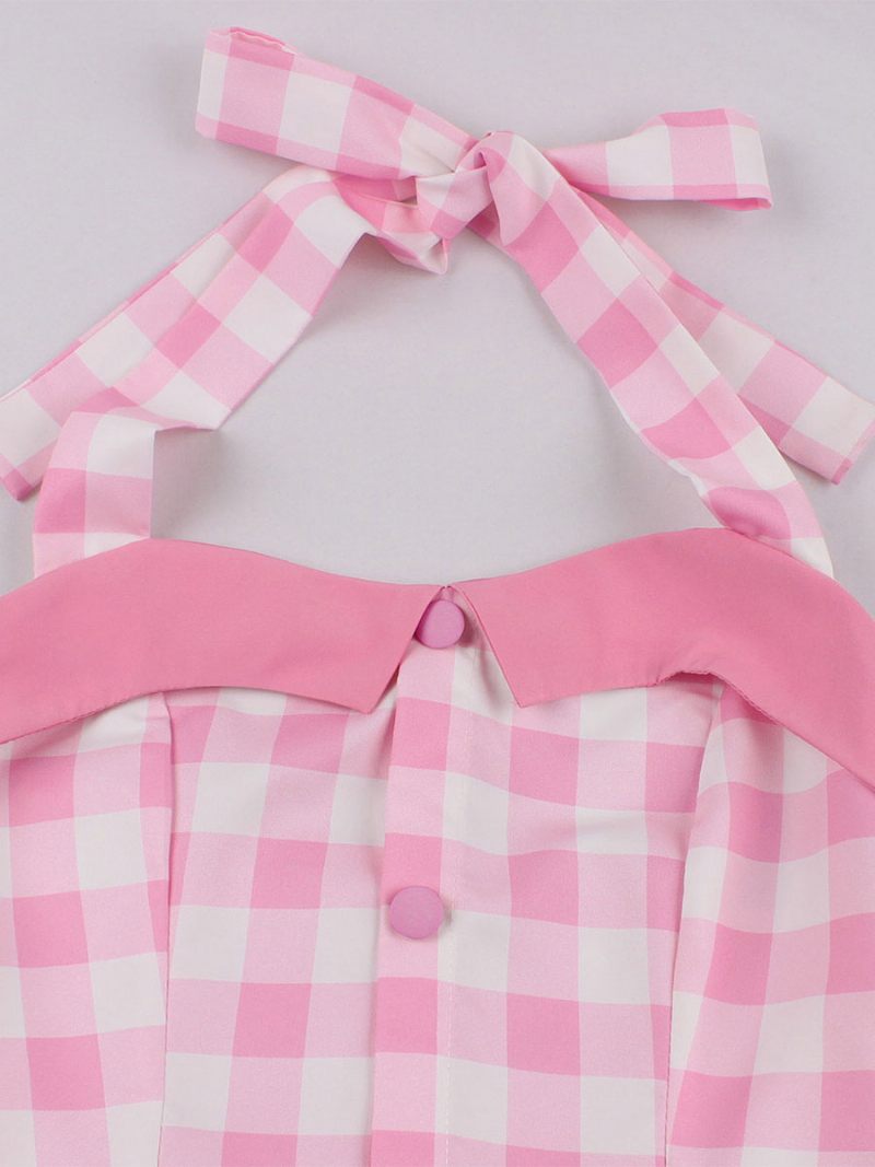 Naisten Barbie Pink Gingham Vintage -mekko 1950-luvun Midi Halter - Vaaleanpunainen