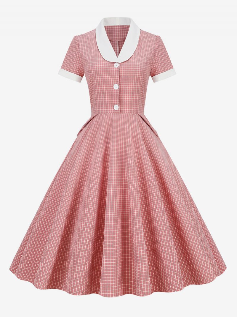 Naisten Barbie Pinkki Gingham-mekko 1950-luvun Audrey Hepburn -tyylinen Lyhythihainen Vintage-mekko