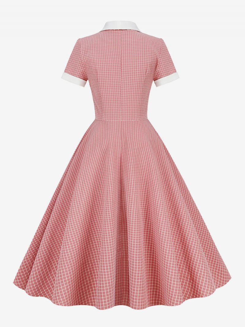 Naisten Barbie Pinkki Gingham-mekko 1950-luvun Audrey Hepburn -tyylinen Lyhythihainen Vintage-mekko - Pink