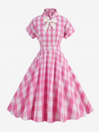 Naisten Barbie Pinkki Gingham-mekko 1950-luvun Lyhythihainen Ruudullinen Vintage-mekko