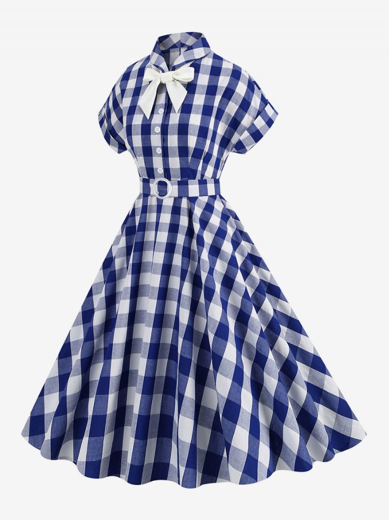 Naisten Barbie Pinkki Gingham-mekko 1950-luvun Lyhythihainen Ruudullinen Vintage-mekko - Deep Blue