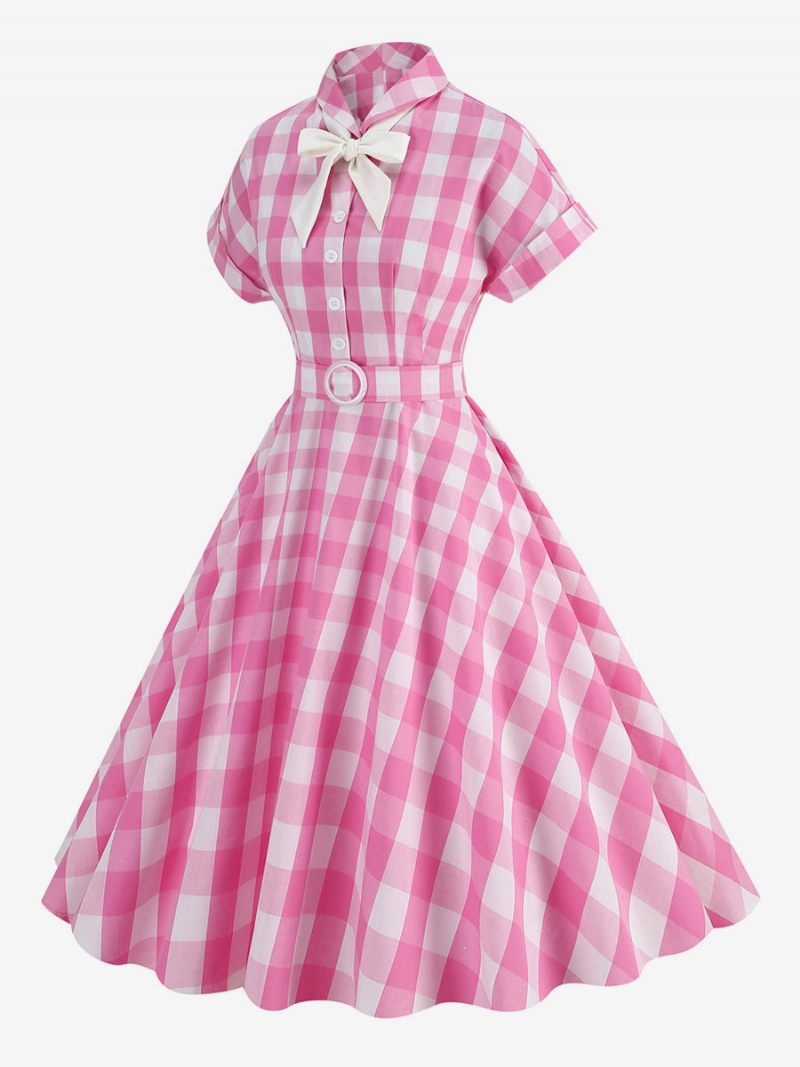 Naisten Barbie Pinkki Gingham-mekko 1950-luvun Lyhythihainen Ruudullinen Vintage-mekko - Pink