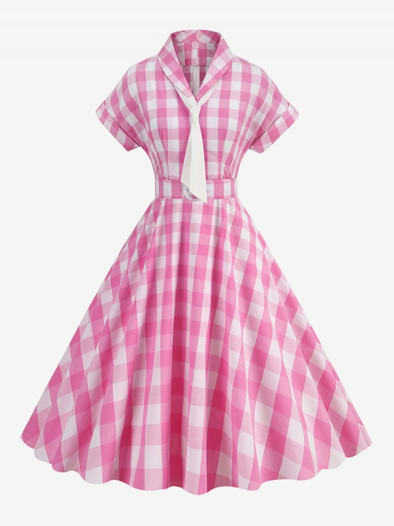 Naisten Barbie Pinkki Gingham-mekko 1950-luvun Lyhythihainen Ruudullinen Vintage-mekko - Pink