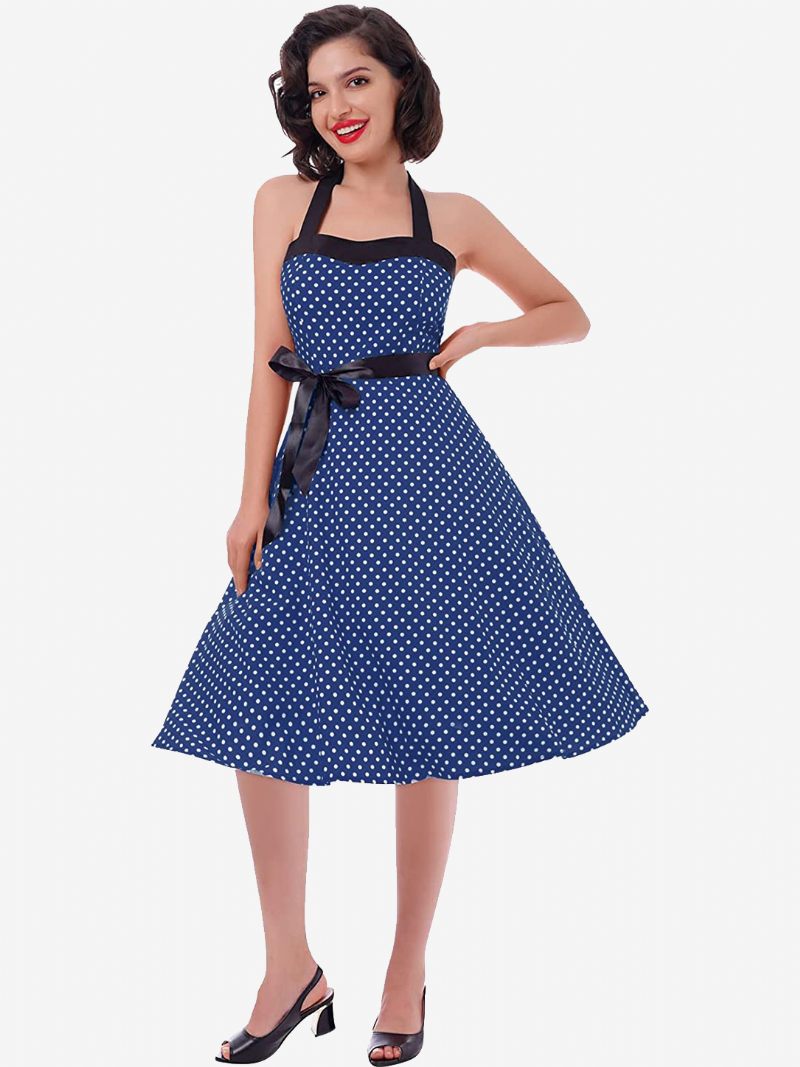 Naisten Pilkullinen Vintage-mekot Riimurusetit Selkänojaton Puuvillainen Retro Pin Up -mekko - Dark Navy