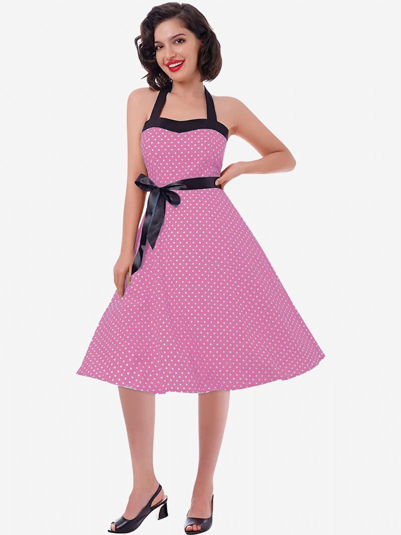 Naisten Pilkullinen Vintage-mekot Riimurusetit Selkänojaton Puuvillainen Retro Pin Up -mekko - Pink