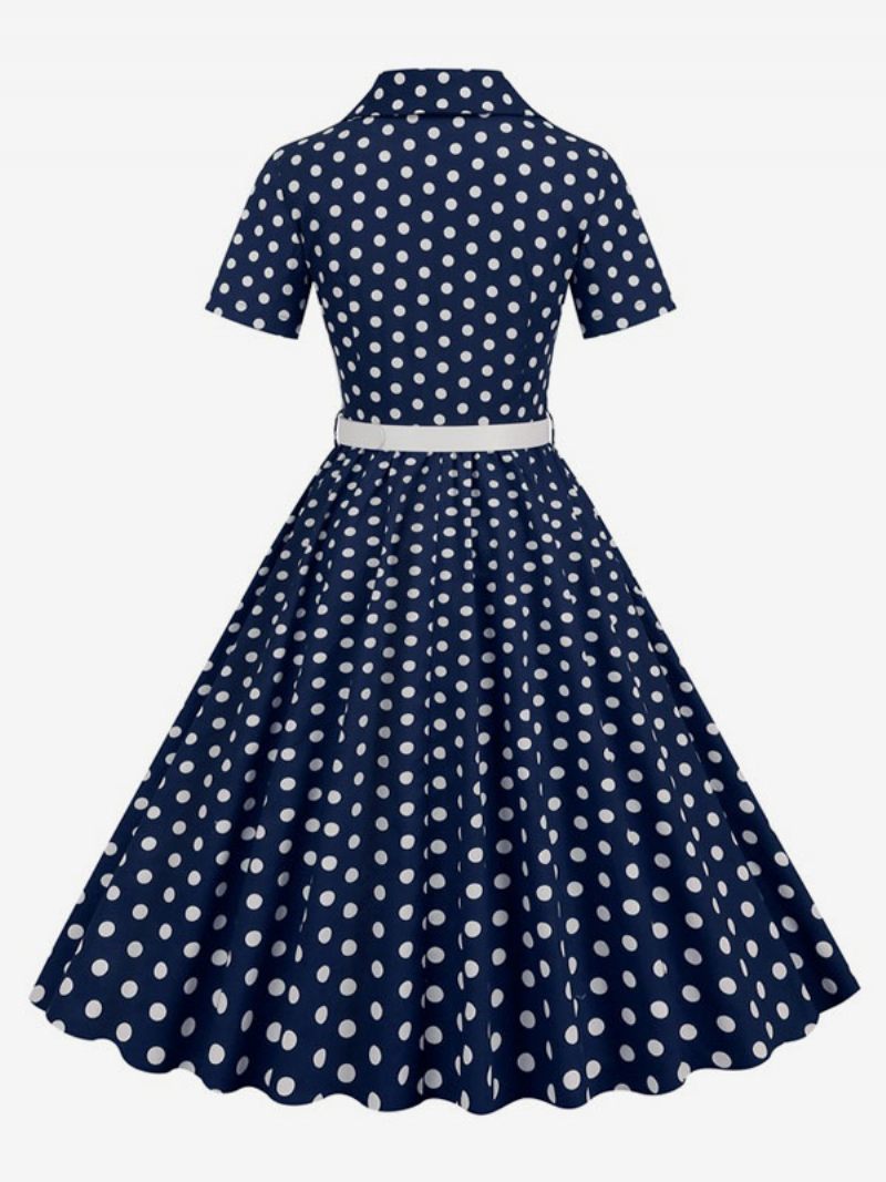 Naisten Retromekko 1950-luvun Audrey Hepburn -tyylinen Huoneen Yökuntoon Laitettu Kaulusnapit Lyhythihainen Pilkullinen Swing-mekko - Tumma Laivasto