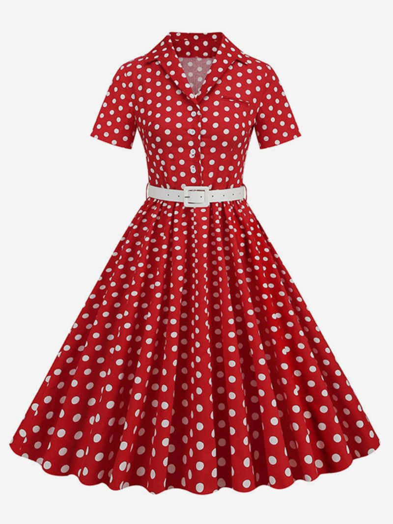 Naisten Retromekko 1950-luvun Audrey Hepburn -tyylinen Huoneen Yökuntoon Laitettu Kaulusnapit Lyhythihainen Pilkullinen Swing-mekko - Punainen