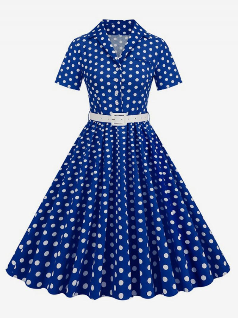 Naisten Retromekko 1950-luvun Audrey Hepburn -tyylinen Huoneen Yökuntoon Laitettu Kaulusnapit Lyhythihainen Pilkullinen Swing-mekko - Kuninkaallinen