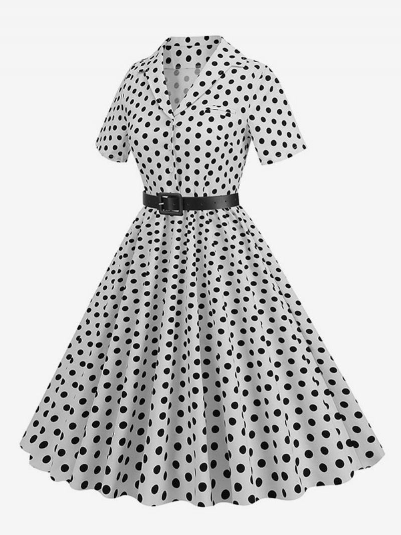 Naisten Retromekko 1950-luvun Audrey Hepburn -tyylinen Huoneen Yökuntoon Laitettu Kaulusnapit Lyhythihainen Pilkullinen Swing-mekko - Valkoinen