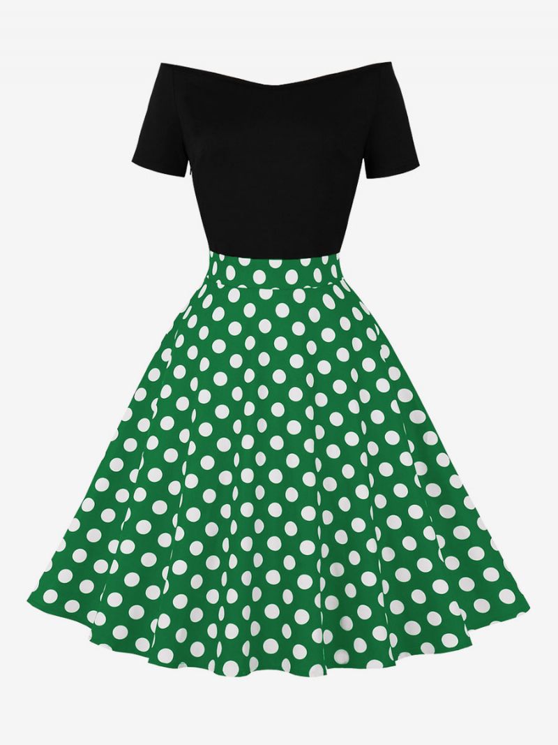 Naisten Retromekko 1950-luvun Audrey Hepburn -tyylinen Jalokivikaula Lyhythihainen Polvipituinen Pilkku Rockabilly-mekko - Vihreä